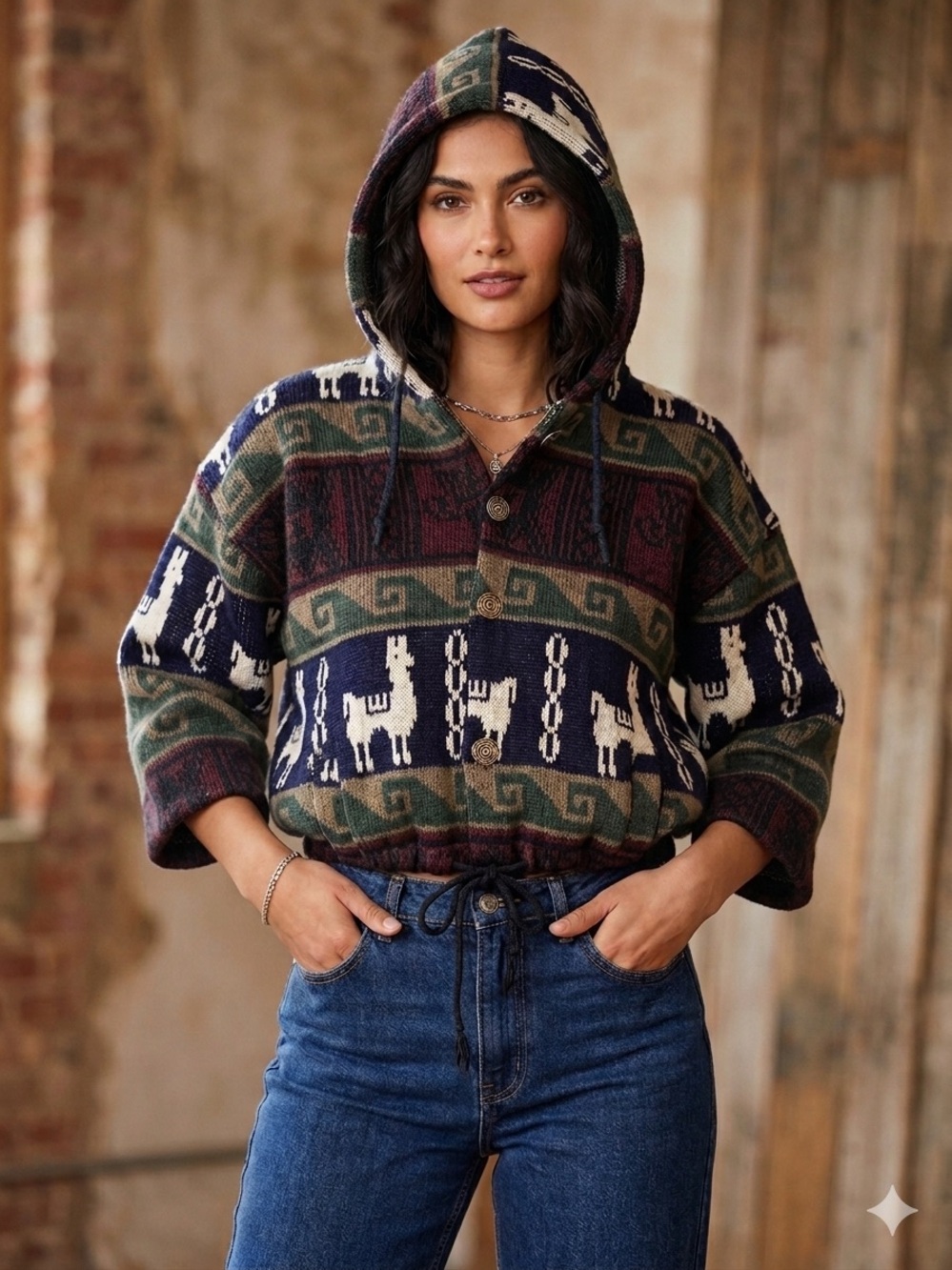 Vintage Rumiñahui Ecuadorian 100% Wool Llama Hooded Jacket XS/S 🦙🏔️
